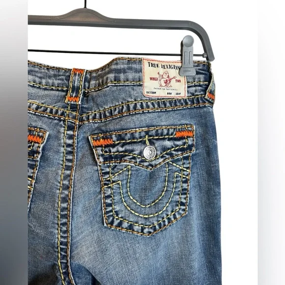 Women’s True Religion Y2K Orange Stitch Billie Mid Rise Straight Jeans Size 32 - Picture 5 of 7